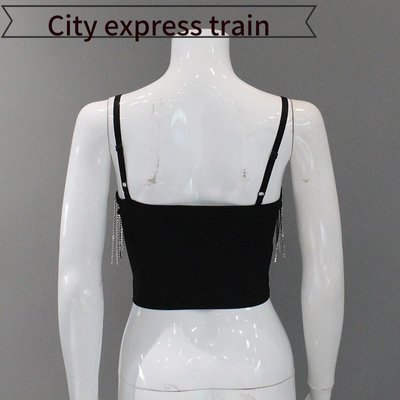 

Облегающий сексуальный топ с разрезом, однотонный, с цепочкой из страз, на бретельках, из полиэстера, весна 2025, модный, с бахромой