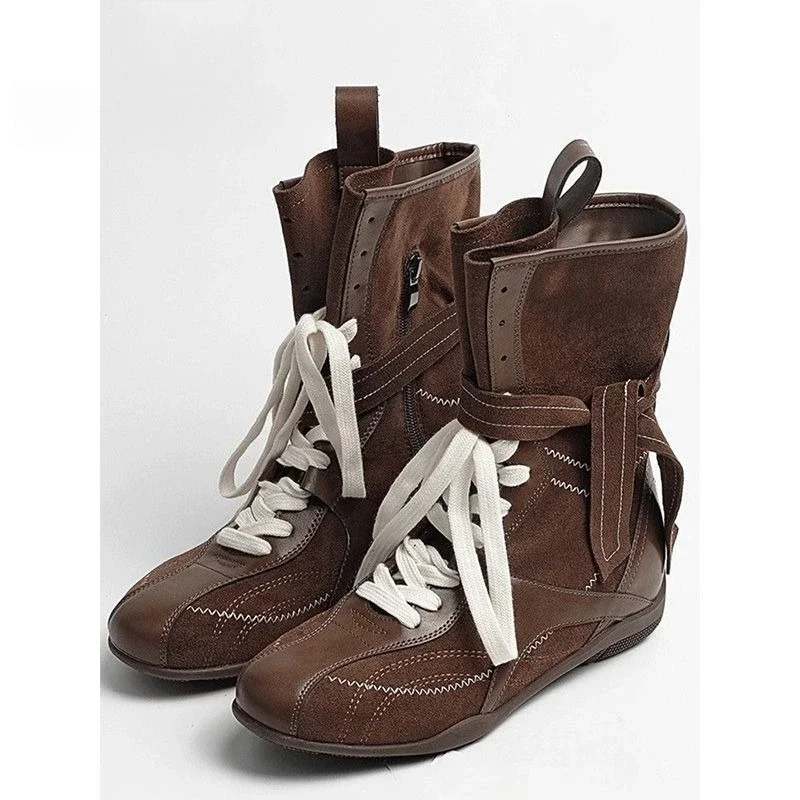 

Боксерские ботинки в стиле ретро, женские кожаные ботинки до середины икры, ботинки в стиле вестерн, коричневые осенние новые поступления