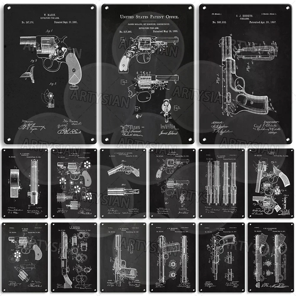 Gun Patent Metal Sign Breech-Loading Firearm Quackenbush Air Gun Mason Revolver Burkhard Novotny Boland Gatling Foehl Fyreberg