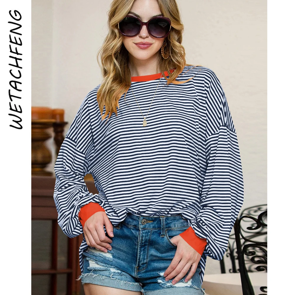 

Autumn Black Striped Long Sleeve T-shirt Sweatshirts Women's Loose Round Neck Red Hoodies 2024 Streetwear Sports Pullovers Tops
