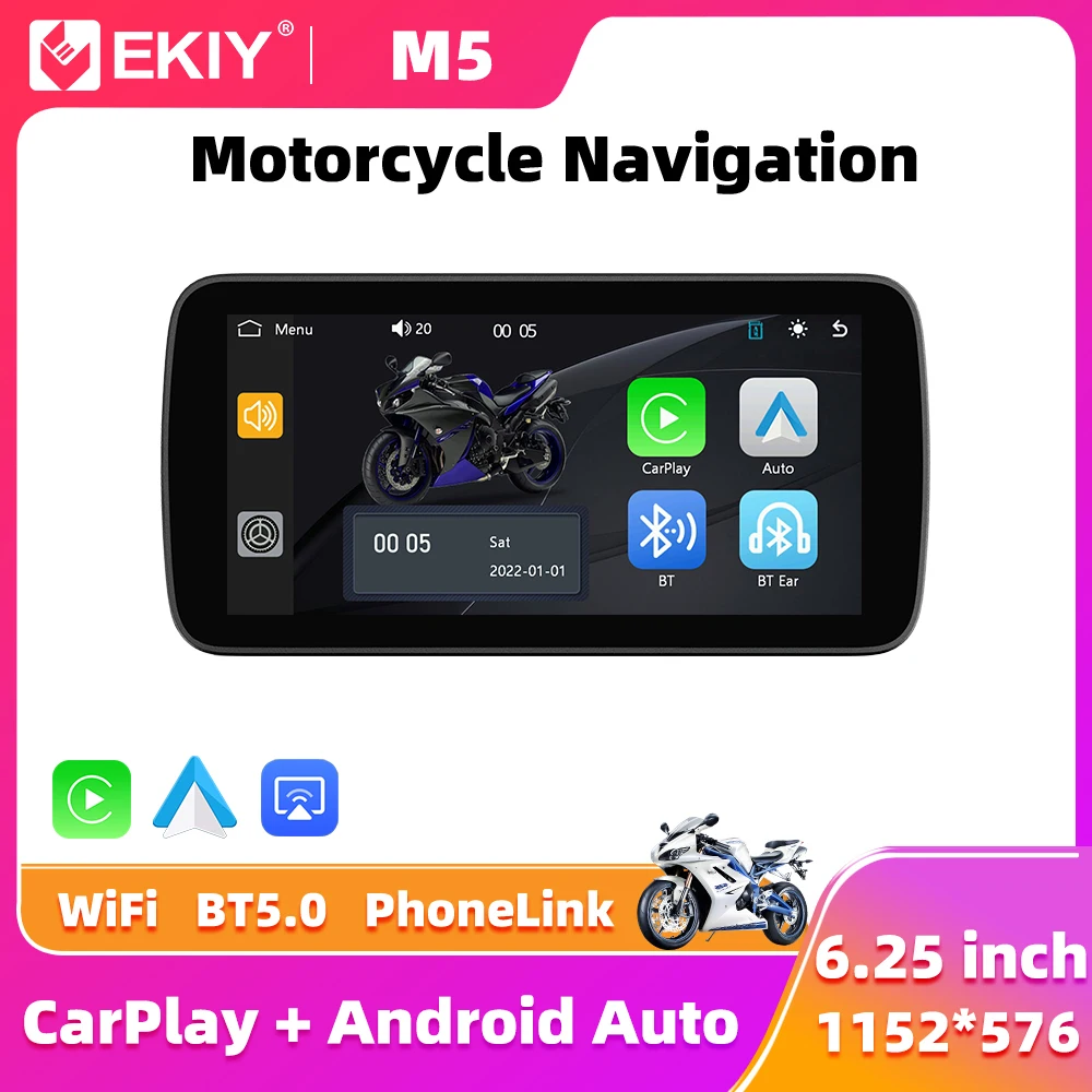 EKIY 6.25" Wireless CarPlay Moto Android Auto Portable Digital Motorcycle Dashboard GPS Navigation Removable Display Screen TPMS