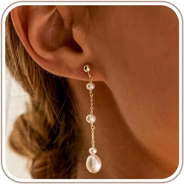 

Trendy Gold Pearl Earrings for Women, Dainty Freshwater Drop Hoop Huggie Wedding Gift Jewelry