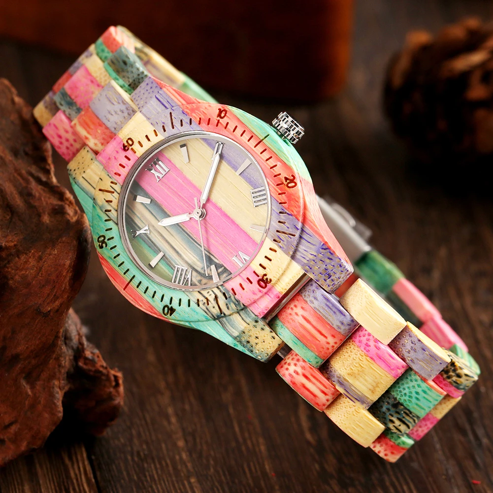 Colorful Wooden Strap Quartz Watch for Women Fashion Roman Numerals Small Dial Women\'s Wristwatch Wood Watches Clock Gifts