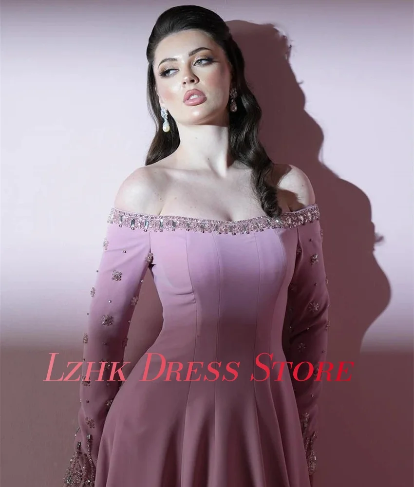 Abito da sera con perline di cristallo con paillettes e spalle scoperte in jersey squisito personalizzato Abiti da ballo sexy a maniche lunghe