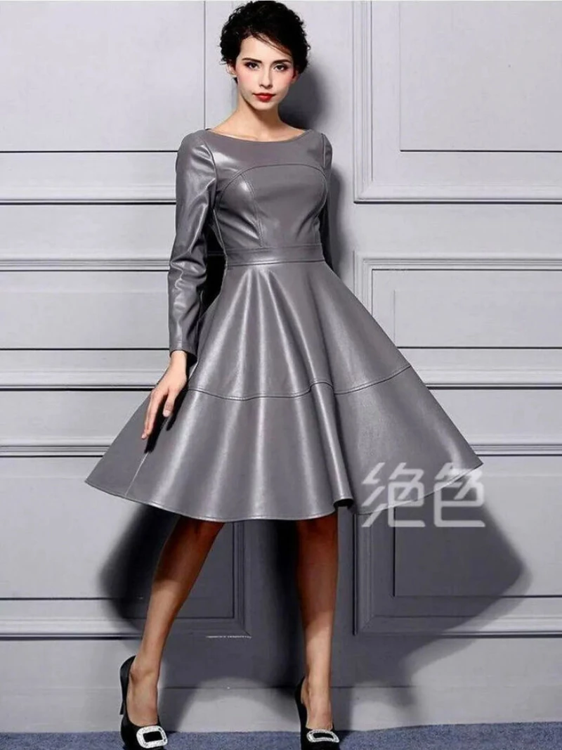 Leather Dress Women Handmade 100% Genuine Lambskin Gray Leather Dress Women Clothing