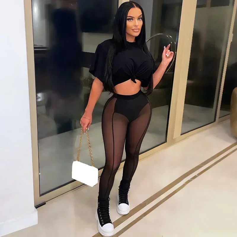 

Комплект GUWU: леггинсы из сетки и укороченная футболка, 2 предмета, для ночных клубов и тренировок