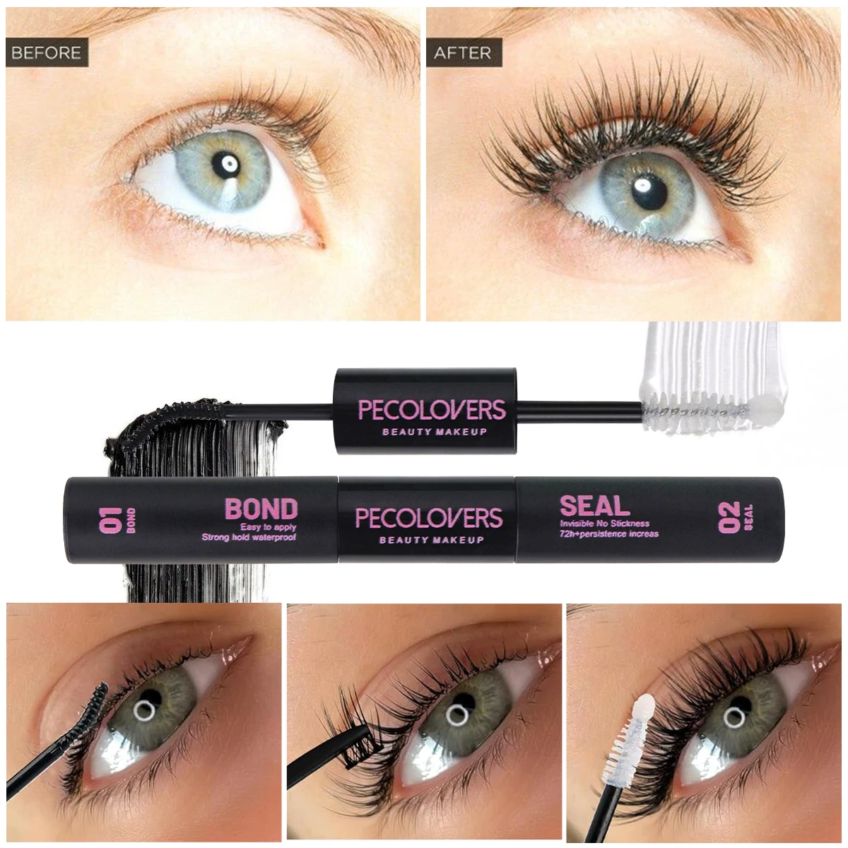 1PC Waterproof Black Mascara Super Strong Hold Lash Bond and Seal, 2-in-1 Lash Glue for DIY Cluster Lashes & Eyelash Extensions