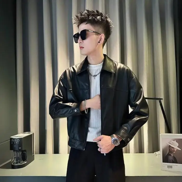 

Casual Men's Leather Jaet Biker Sle Versatile Autumn Winter Faion Outerwear Polyester Fiber Long Sve Stand Fit