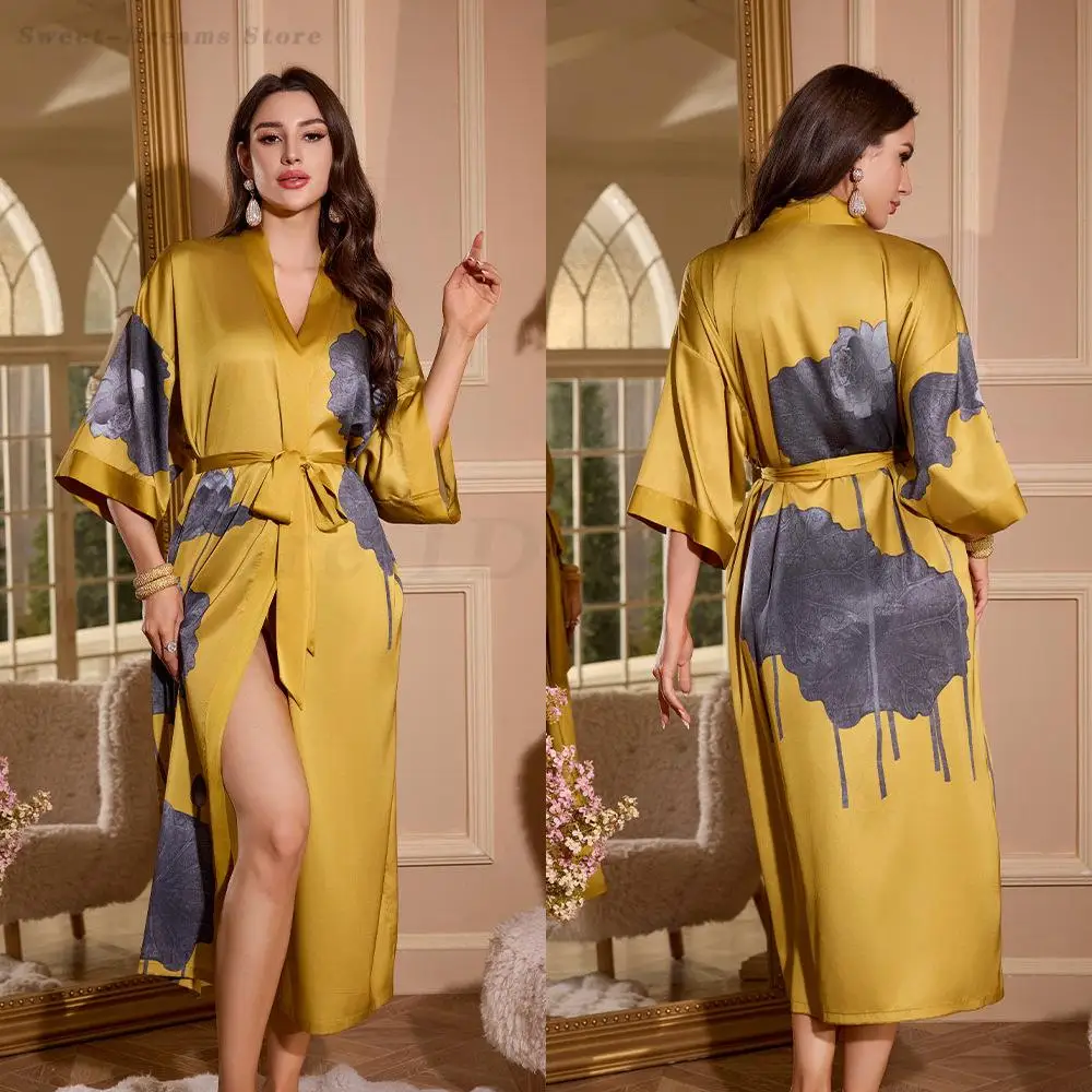 Red Bride Wedding Robe Long Kimono Bathrobe Nightgown Female Spring Summer New Satin Sleepwear Home Clothes Loose Loungewear 3
