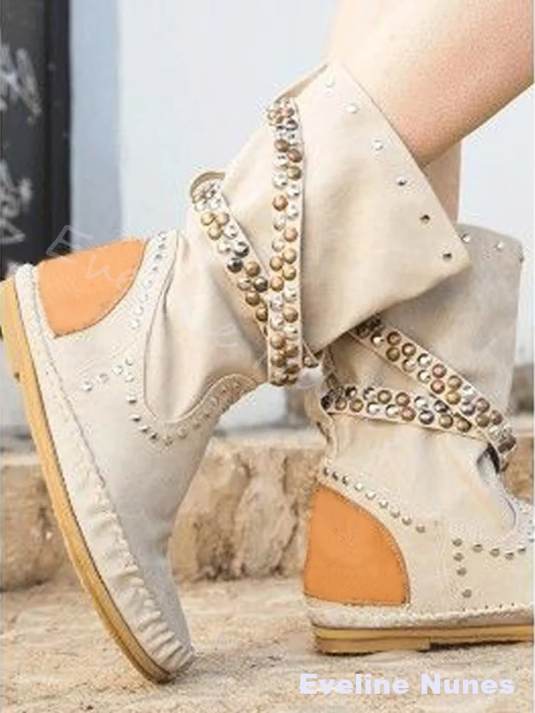 

Runway Flat Patchwork Mid Calf Boots Women Round Toe Slip On Retro Western Knight Boots 2025 Spring New Rivet Belt Buckle Boots