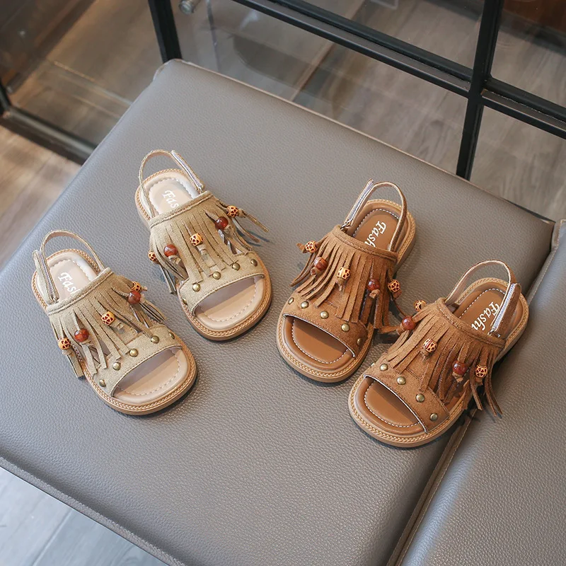 

Fashion Girls Fringed Sandals Summer New Soft-soled Non-slip Open-toed Beach Shoes Bohemian Roman Shoes