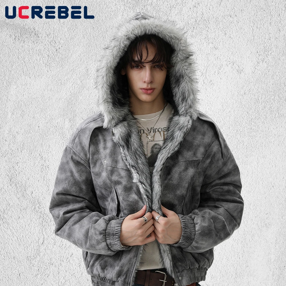 Tie-dye Distressed Quilted Jacket Mens Winter Spliced Punk Style Fur Collar Long Sleeve Hooded Outerwear Man