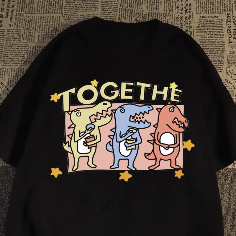 Camiseta holgada de manga corta con estampado de dibujos animados para hombre y mujer de Corea del Sur, Top informal multifuncional con cuello redondo, Top de verano