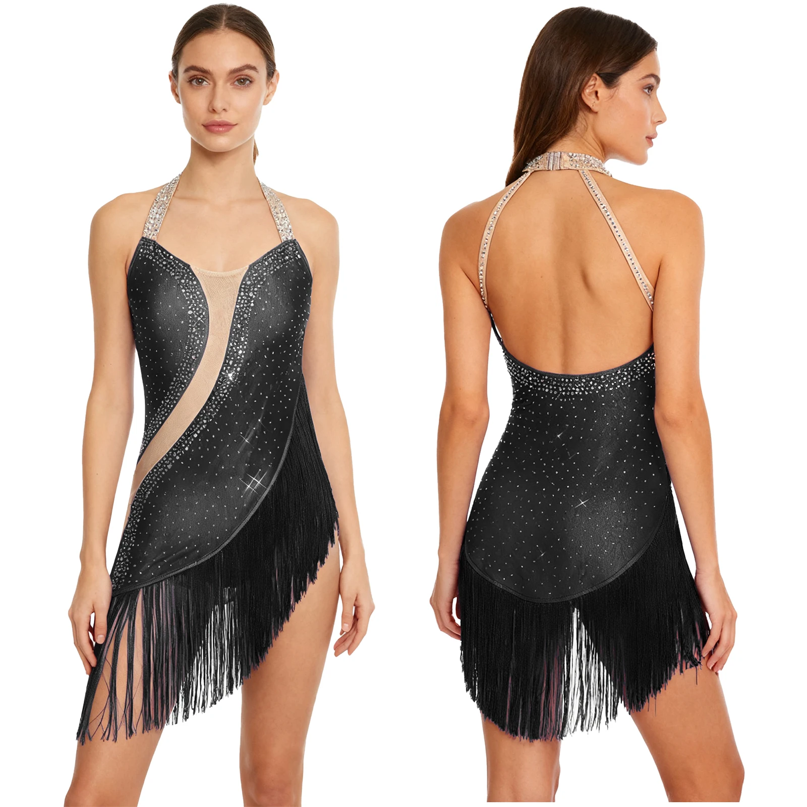 

Women Shiny Sheer Mesh Tassel Latin Tango Dance Performance Dress Jumpsuit for Tango Cha-cha Latin Samba Stage Dance Costumes