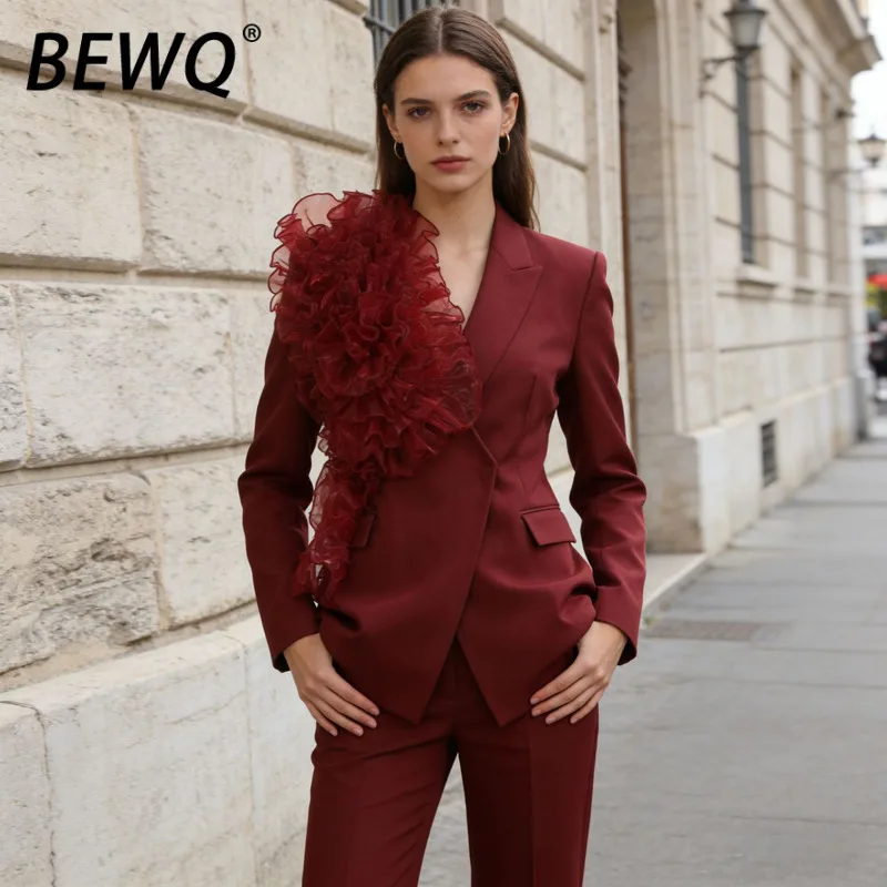 

BEWQ Fashio Women Blazer Long Sleeve Patchwork Gauze 3D Flower Wasit High Street Evening Party Solid Color Coat 2026 Spring New