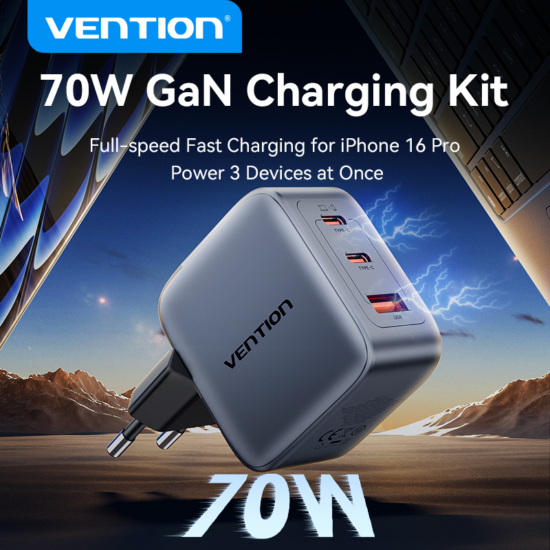 Vention 70W GaN Charger Type C Quick Charge 4.0 3.0 USB Charger For iPhone 16 15 14 Pro Macbook Air Laptop Tablet PD Fast Charge