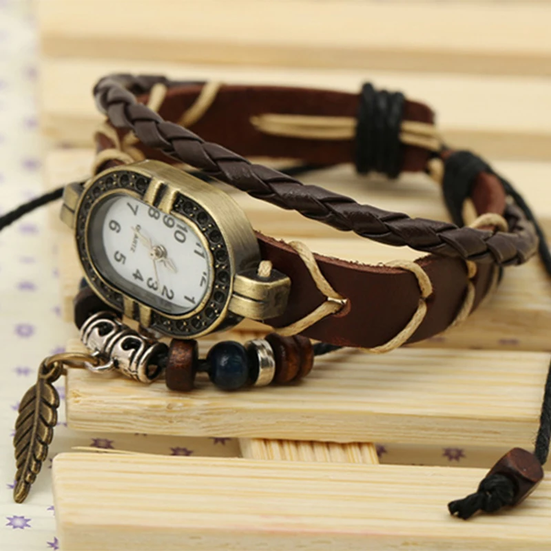 Women Genuine Leather Vintage Quartz Watch Multi Layer Handmade Bracelet Wristwatches Adjustable Length Couple Watch 2022 Bangle