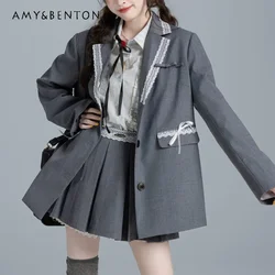2024 New College Style Pocket Suit Collar Bow Lace Gray Green Blazer With Skirt For Girls