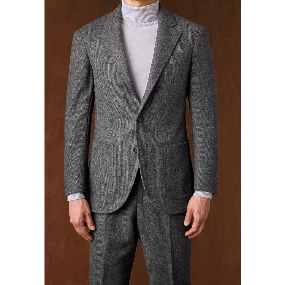 

Men's Herringbone Suit Set Black Single Breasted Slim Fit Comfortable Business Suit Elegant Formal Blazer Pants Office Wedding