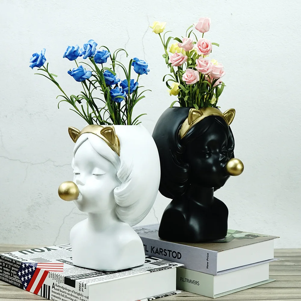 

3 Colors Human Head Design Creative Vase Cute Bubble Gum Girl Cat Flower Arrangement Modern Home Decoration Flower Pot Wedding