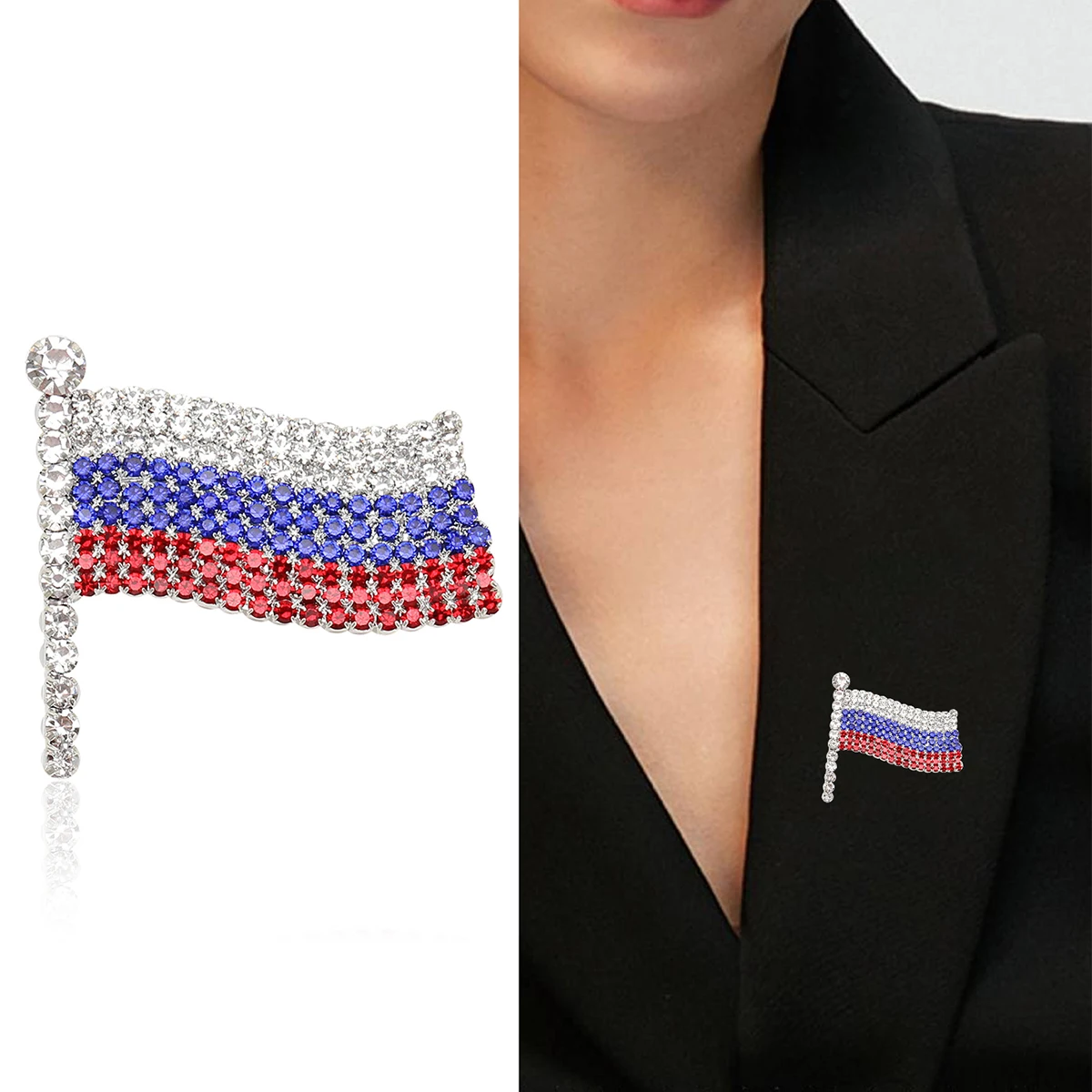 Classic Enamel Russian Flag Brooches for Unisex Women Rhinestone Flags Lapel Pins Office Party Friend Gifts Accessories