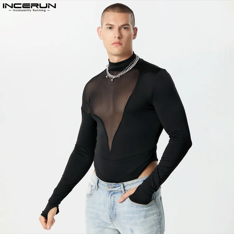 Men Bodysuits Mesh Patchwork Transparent Turtleneck Long Sleeve Rompers Men Streetwear 2023 Sexy Fashion Bodysuit S-5XL INCERUN