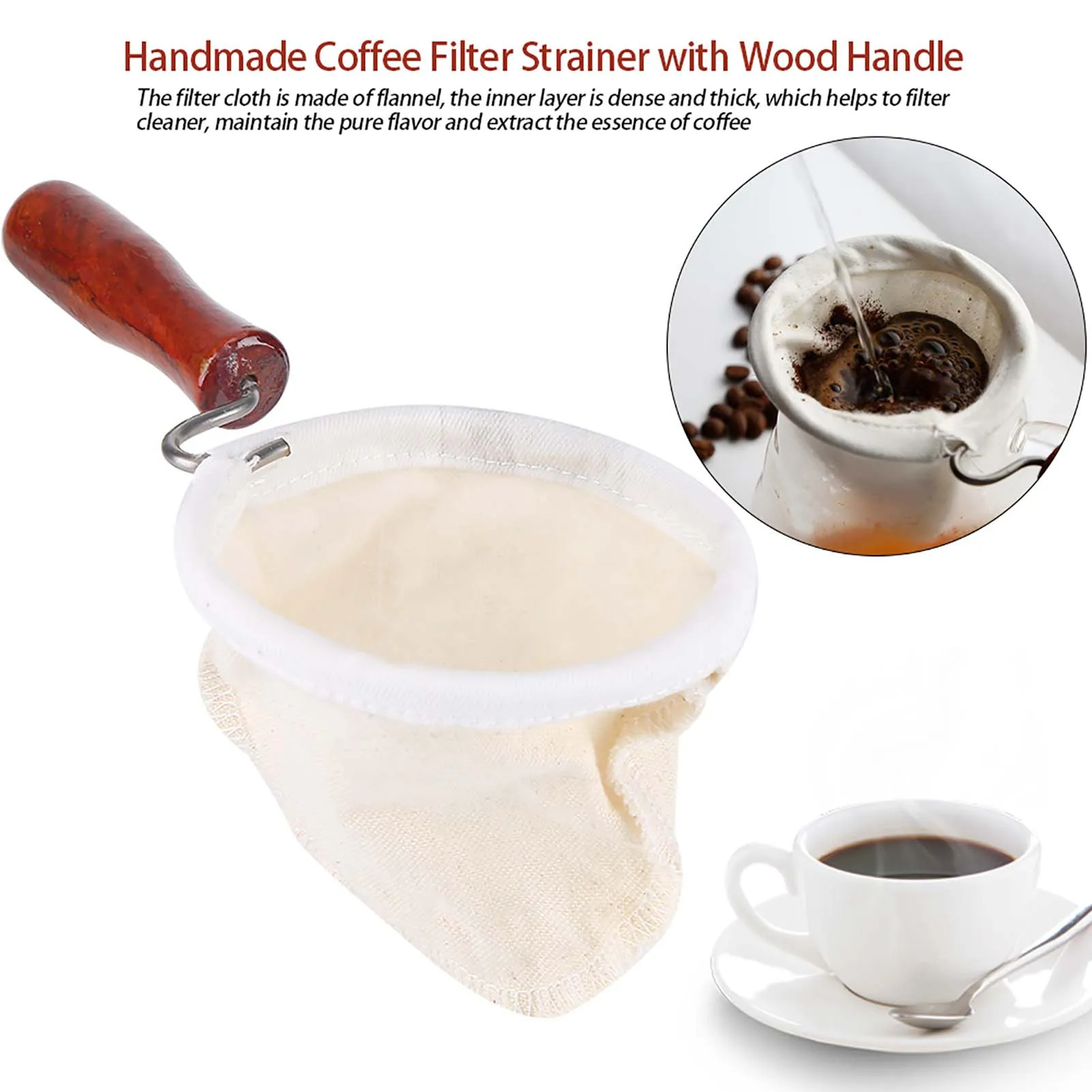 Reusable Flannel Cloth Handmade Coffee Filter Strainer with Wood Handle (Small)