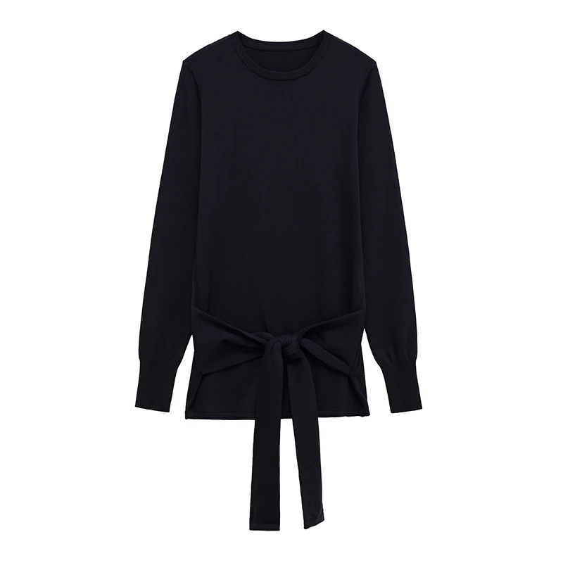 

YENKYE Round Neck Long Sleeve Knot Basic Knit Sweater For Women Navy Blue Autumn Pullover Tops