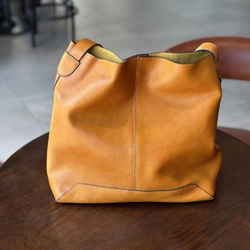 Korean bucket bag Leather female cowhide vintage Tote bag Large capacity cowhide shopping bag single shoulder crossbody bag