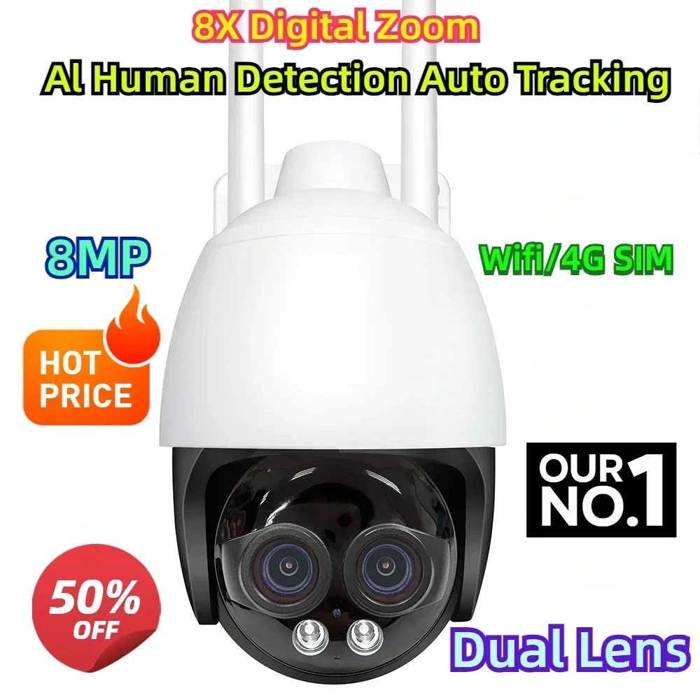 

8X Digital Zoom Al Human Detection Auto Tracking 2.8mm 8mm Outdoor Camera HD 8MP Wifi/4G SIM Dual Lens Surveillance Camera