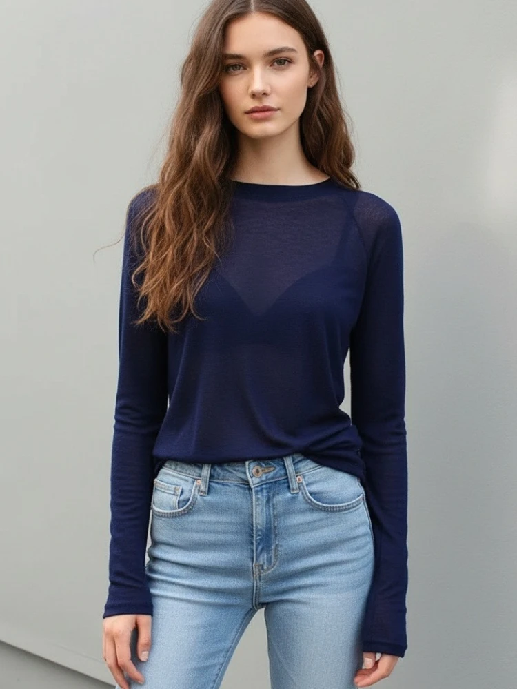 Korean Style Top Spring Summer Blue Casual T-Shirt For Women Thin Slightly Translucent Sexy Long Sleeve Tshirts Women Tee Shirt