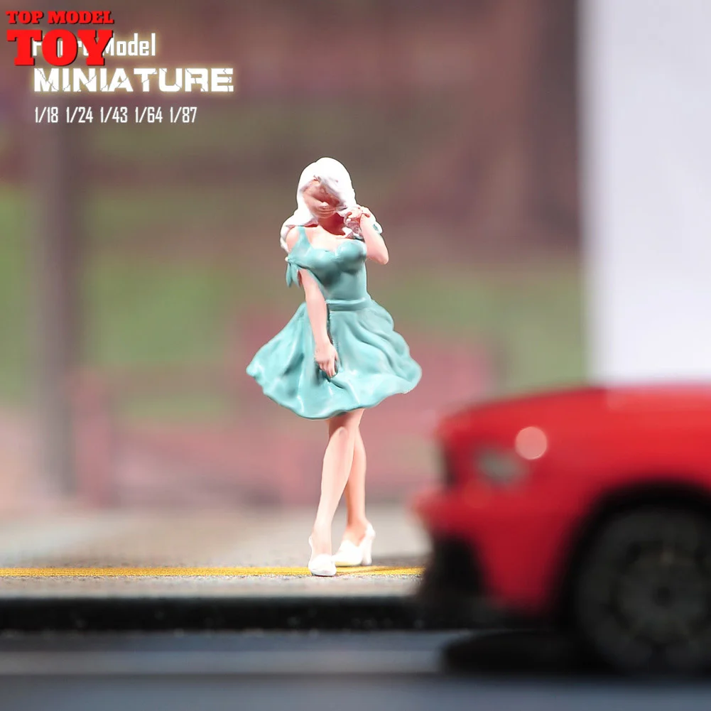 In Stock Painted Miniatures 1/64 1/87 1/43 1/18 Girl Wearing a Bubble Skirt Model Scene Props Figures Unpainted For Vehicle Toy