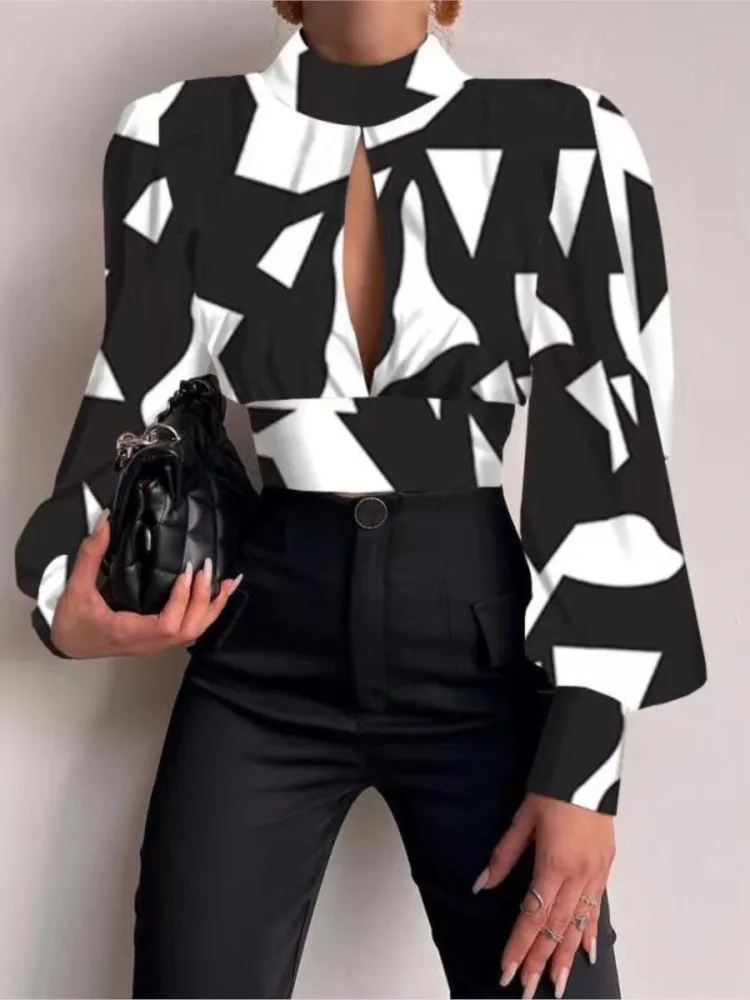 

Spring Autumn Chic Shirt Crop Top Women Sexy Backless Hollow Print Blouse And Tops Casual Long Sleeve Fashion Party Blouses