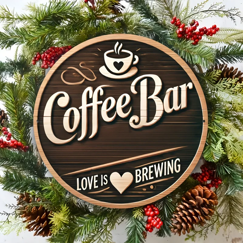 Coffee Bar Love Is Brewing 2D Round Metal Tin Sign, Retro Coffee Cup Iron Plaque, Cafe Kitchen Farmhouse Wall Hanging Home Decor