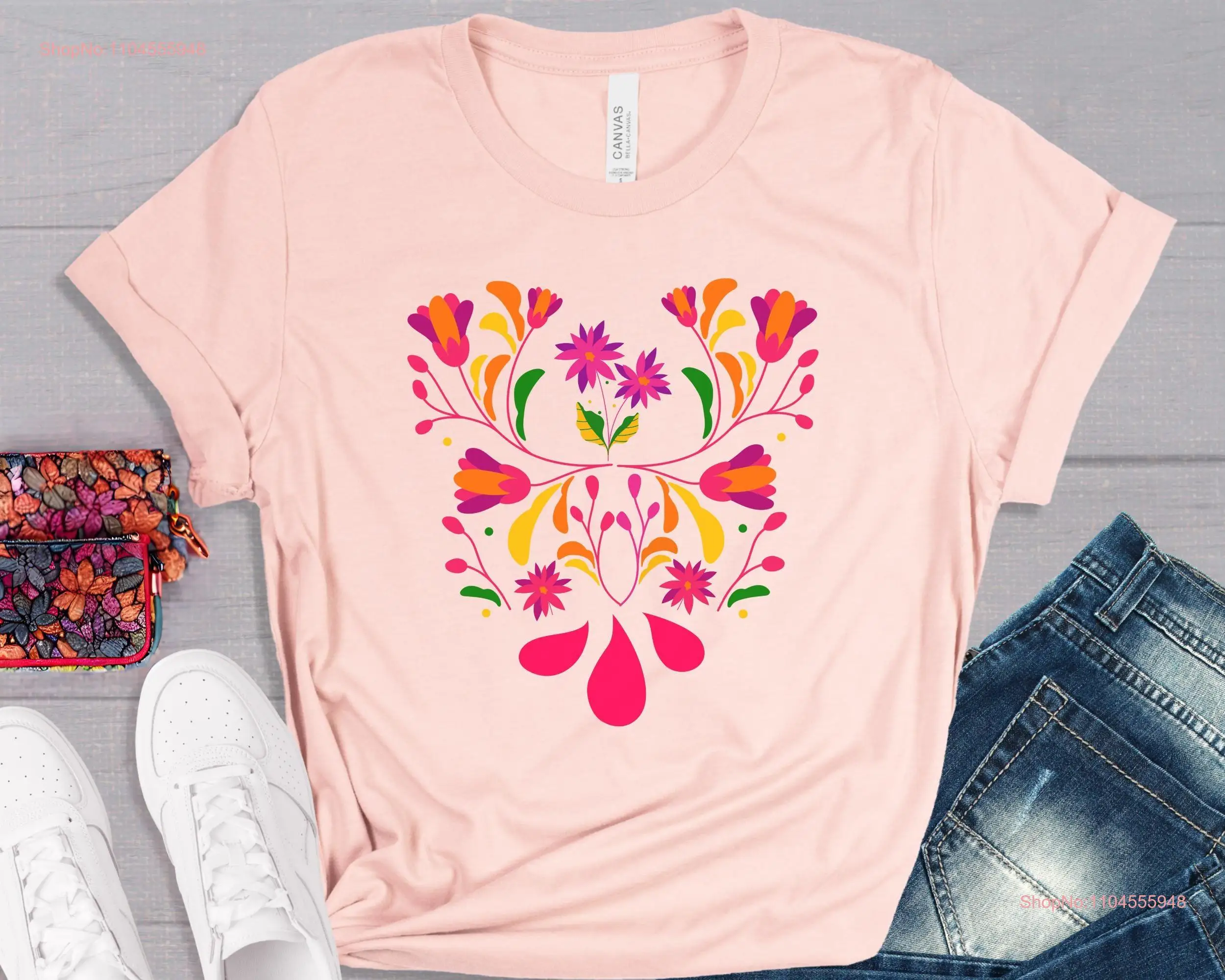 Colorful Mexican Flowers T shirt Floral Heart Latin Culture Mom Otomi Style Crafts Print long or short sleeves