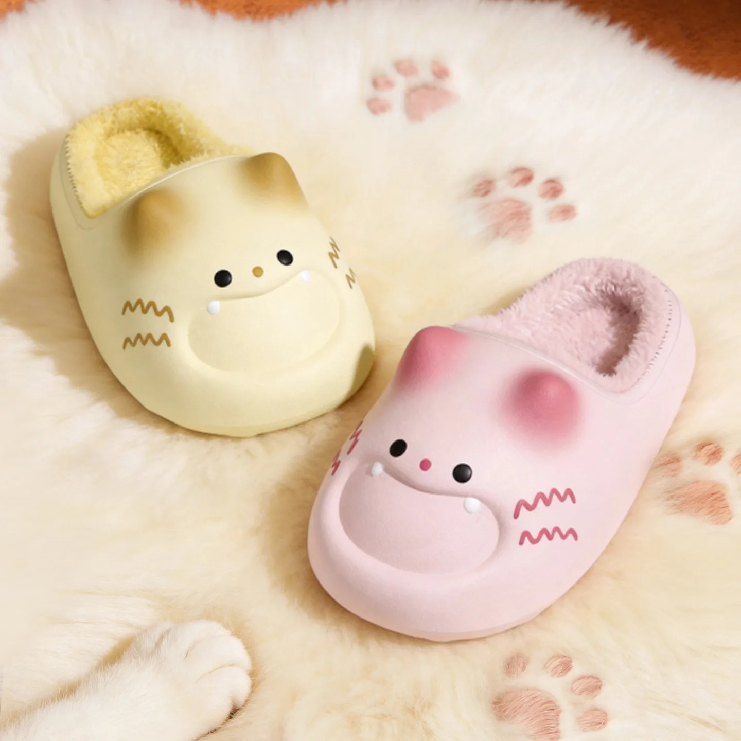Cute Cartoon Cat Paw Slippers Women Men Winter Waterproof Thick Sole Plush Anti Slip Indoor Home Footwear Soft Warm House Slides