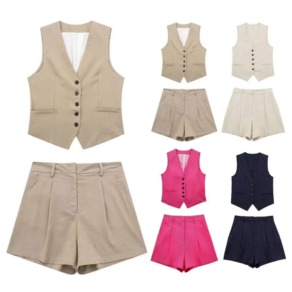 1Pc V Neck Summer Women Vest Single-breasted Sleeveless Waistcoat High Waist A-line Shorts OL Commute Style Office Wear Clothes