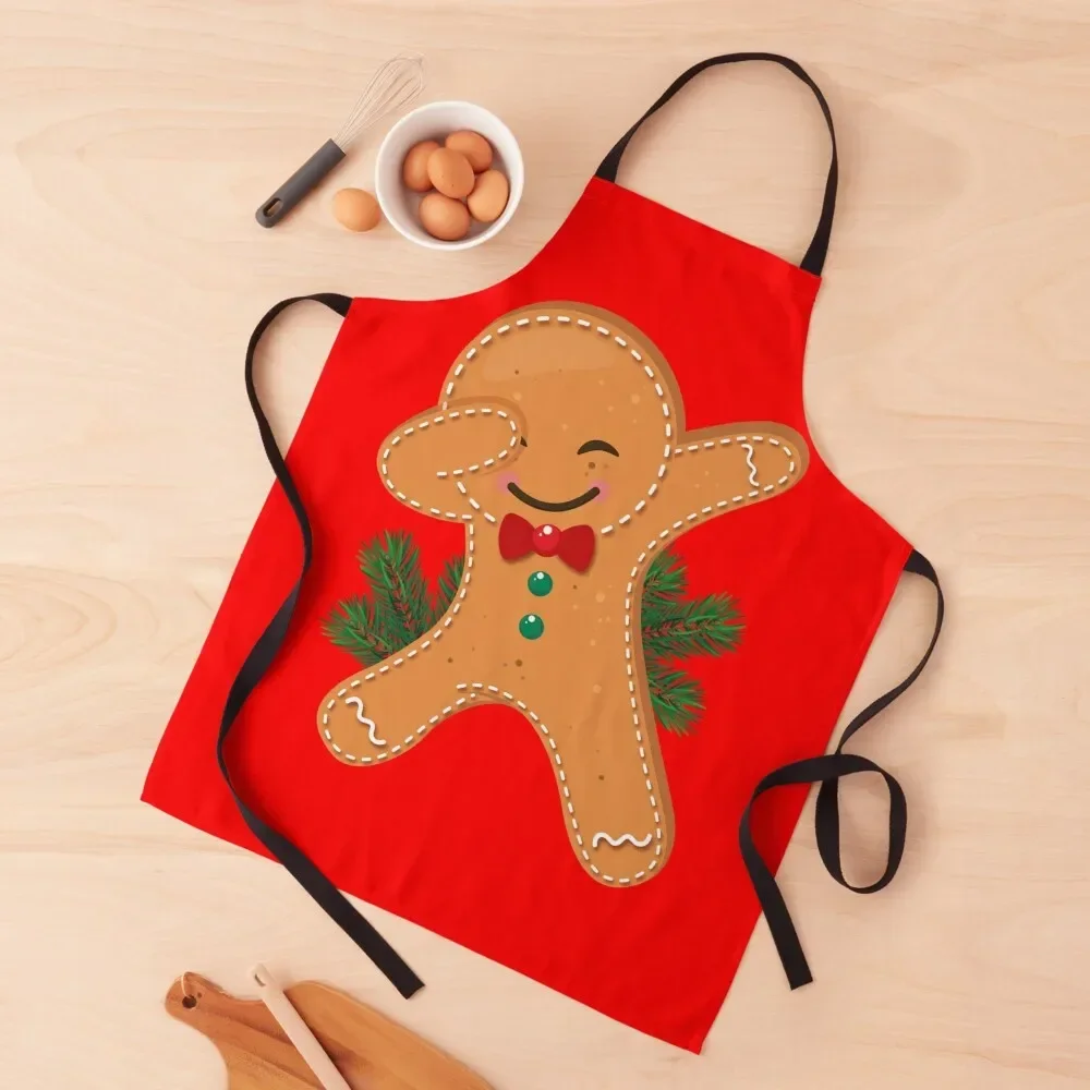 

Dabbing funny Gingerbread man in Christmas Apron painting chefs Apron