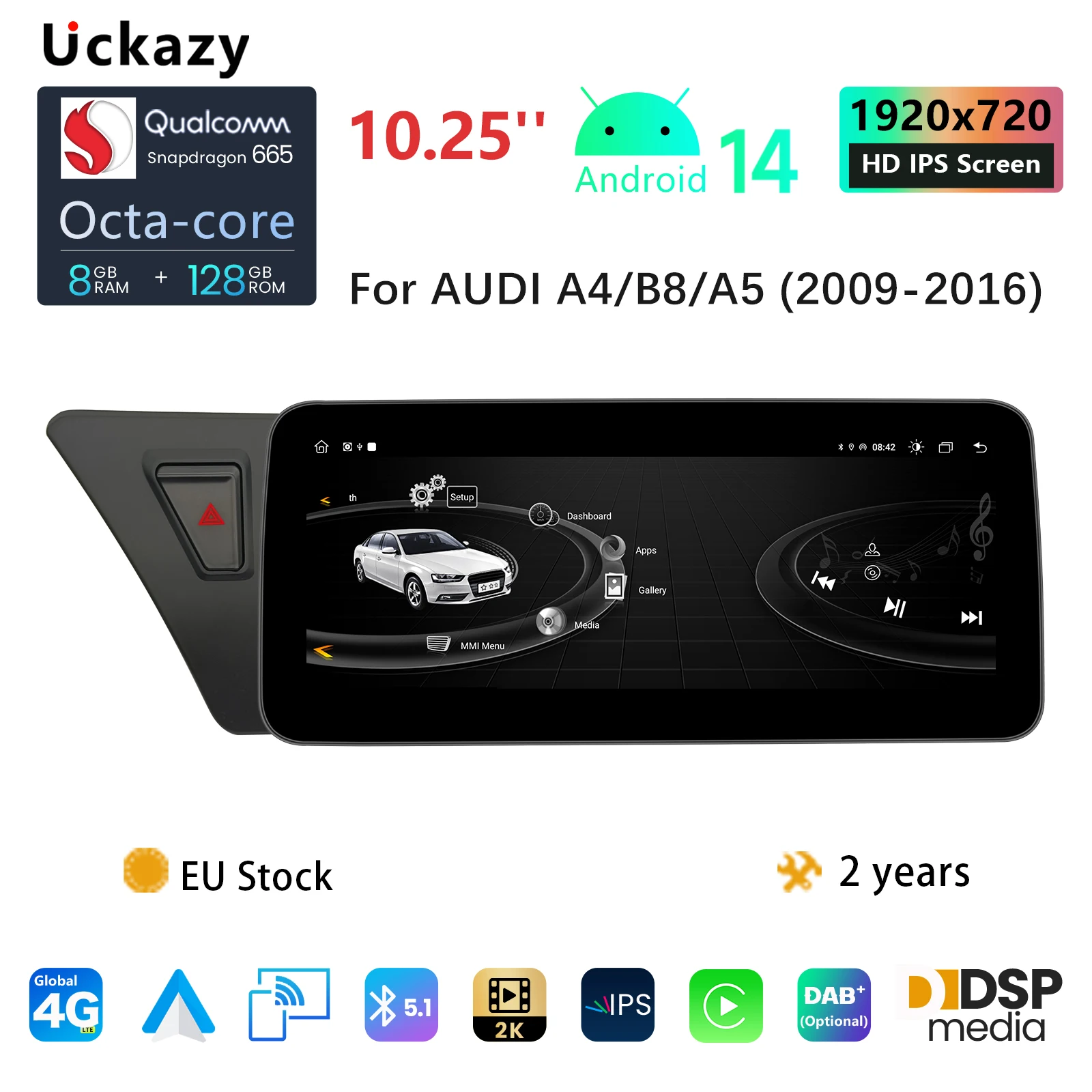 10.25 Snapdragon 665 Android 14 Wireless Carplay AutoRadio Per Audi A4 B8 A5 2009-2017 Multimedia GPS Navi Stereo WIFI schermo