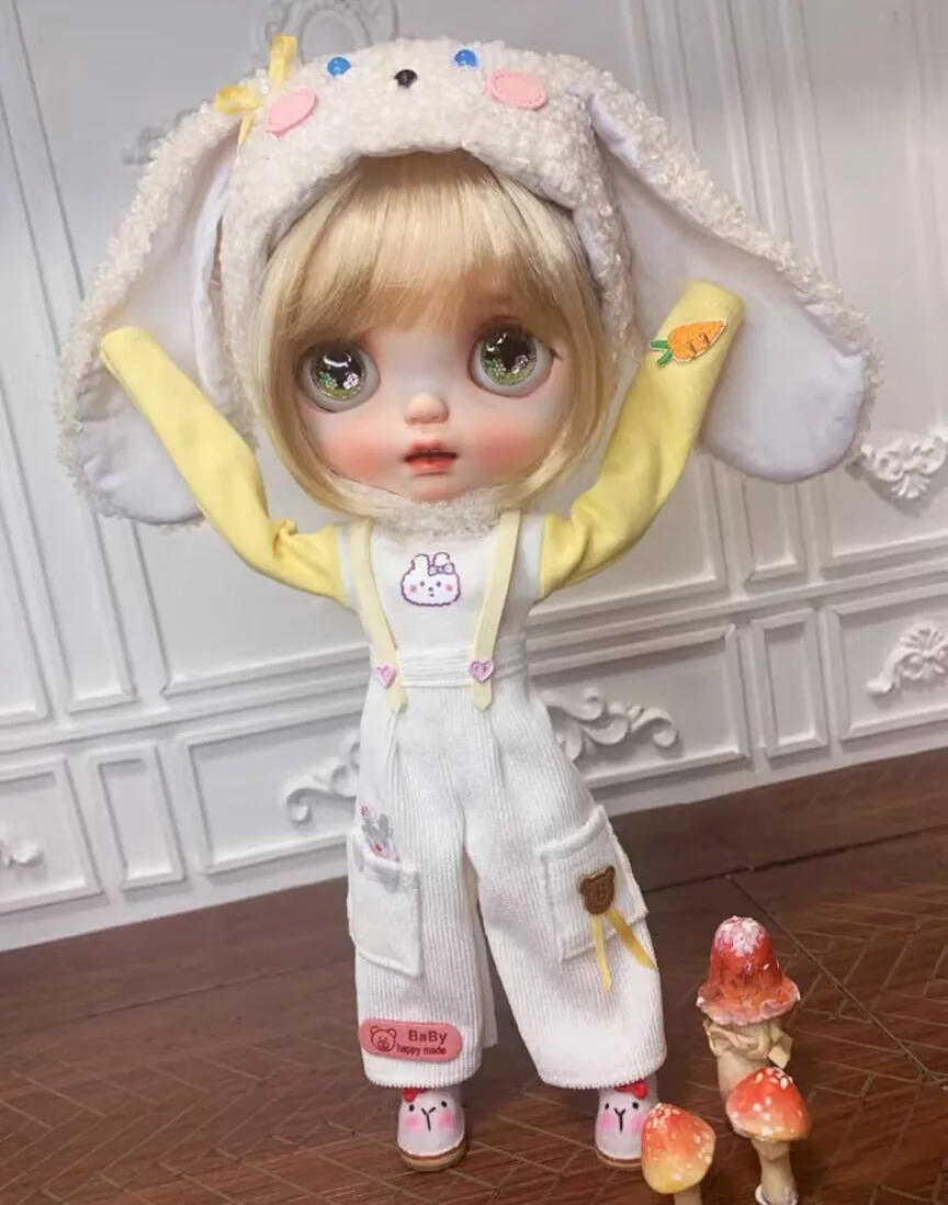 2025 3pcs kawaii cute cream rabbit Blythe/Landoudou Top, overalls, rabbit hat 1/6 30cm(Fit for  azone,Pullip,Ob22/24/26, Licca)