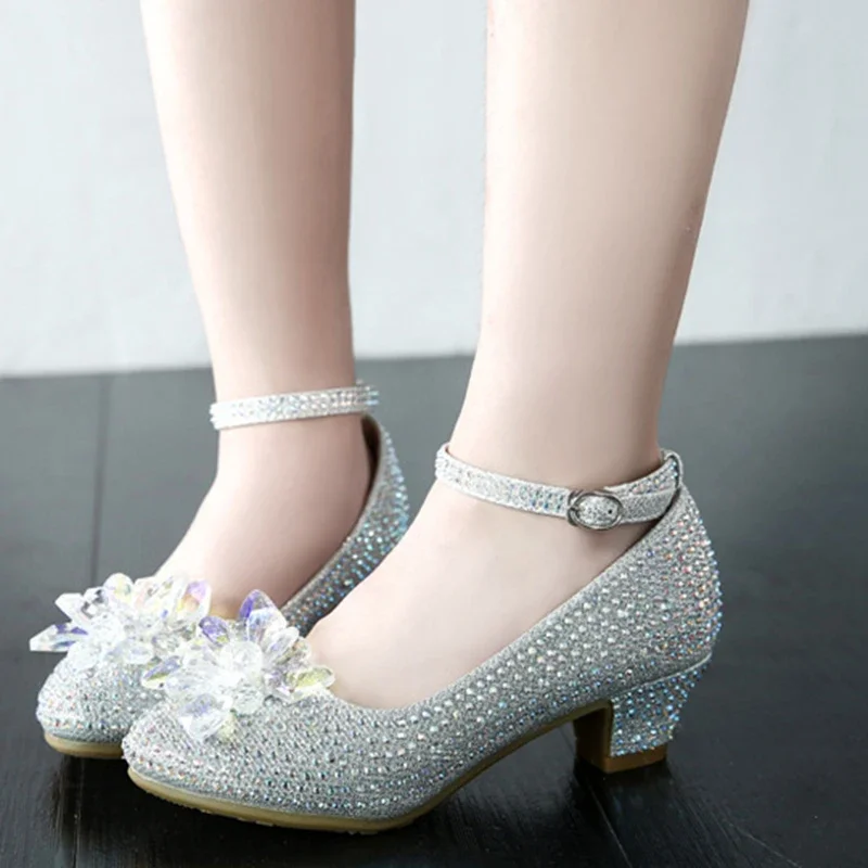 Princess Girls Party Shoes Children Sandals Sequins High Heels Shoes Diamonds Girls Sandals Peep Toe Crystal Kids Dress Shoes