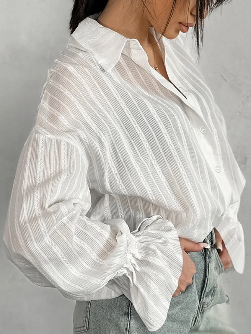 Spring Autumn 2024 Cotton Shirt Women Blouse Dobby Turn-down Collar Flare Sleeve Lace-up Career OL White Shirt Top 49904