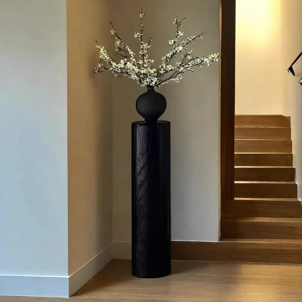 Wabi Sansan wind solid wood flower stand cylindrical wooden pier edge few living room wall shelf modern simple flower pot