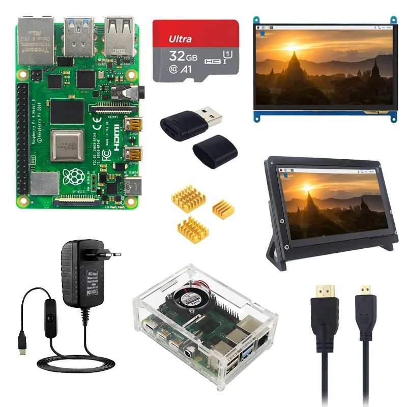 2025Raspberry Pi 4 Model B 2 4 8 GB RAM + 7 inch IPS Touch Screen + Holder + 64 32 GB TF Card + Fan + Power  Adapter  for RPi 4