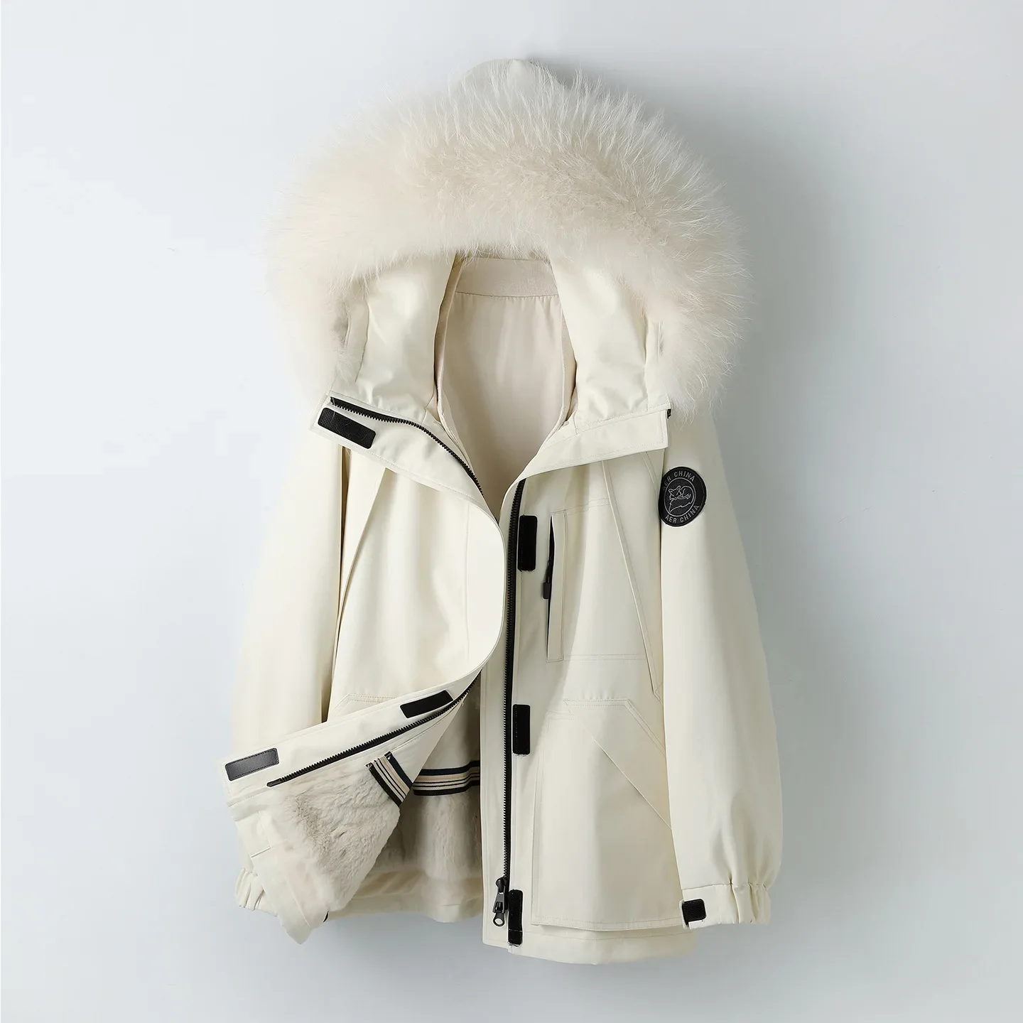 Veste doublée de fourrure de lapin pour femme, manteau ample et léger, capuche amovible, manches longues, Style élégant pour les déplacements, hiver 2025