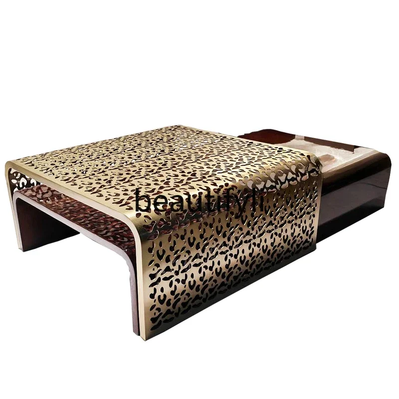 Telescopic coffee table light luxury high-end living room home design metal hollow edge table combination