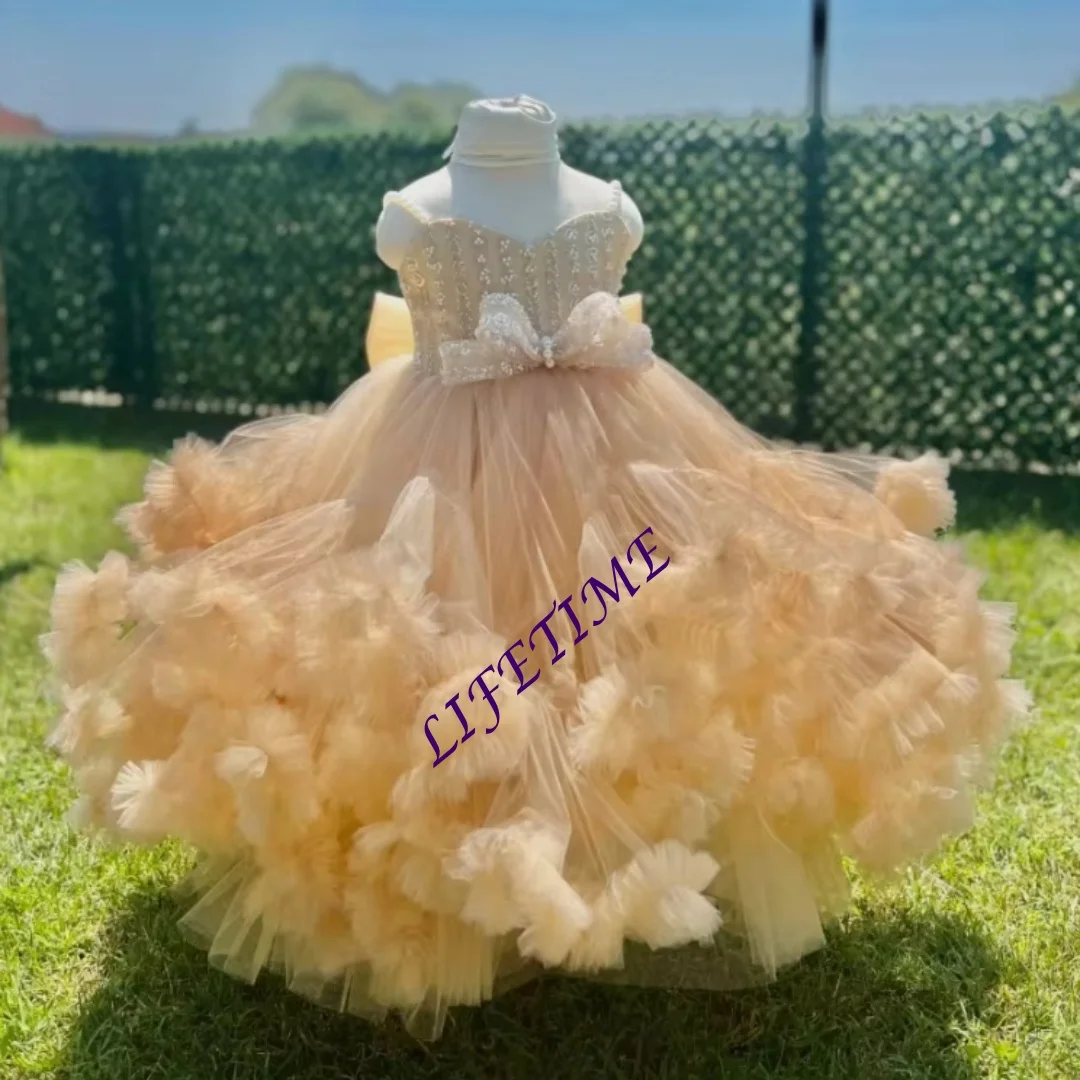 تخصيص السباغيتي الأشرطة زهرة فتاة فستان ألف خط مطوي الكشكشة الديكور فستاين سهرة/فساتين الحفلات مع القوس تول أول بالتواصل عيد ميلاد P