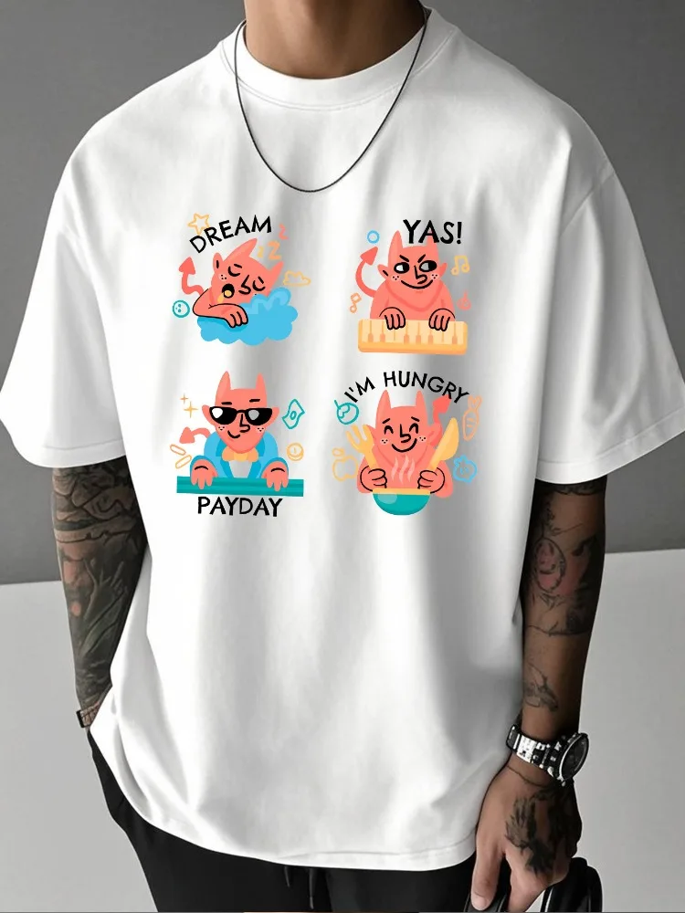Men Summer Short Sleeve T Shirt Cute Four Little Devil Cartoon Print Oversized Loose Casual Streetwear Daily Fashion Tops