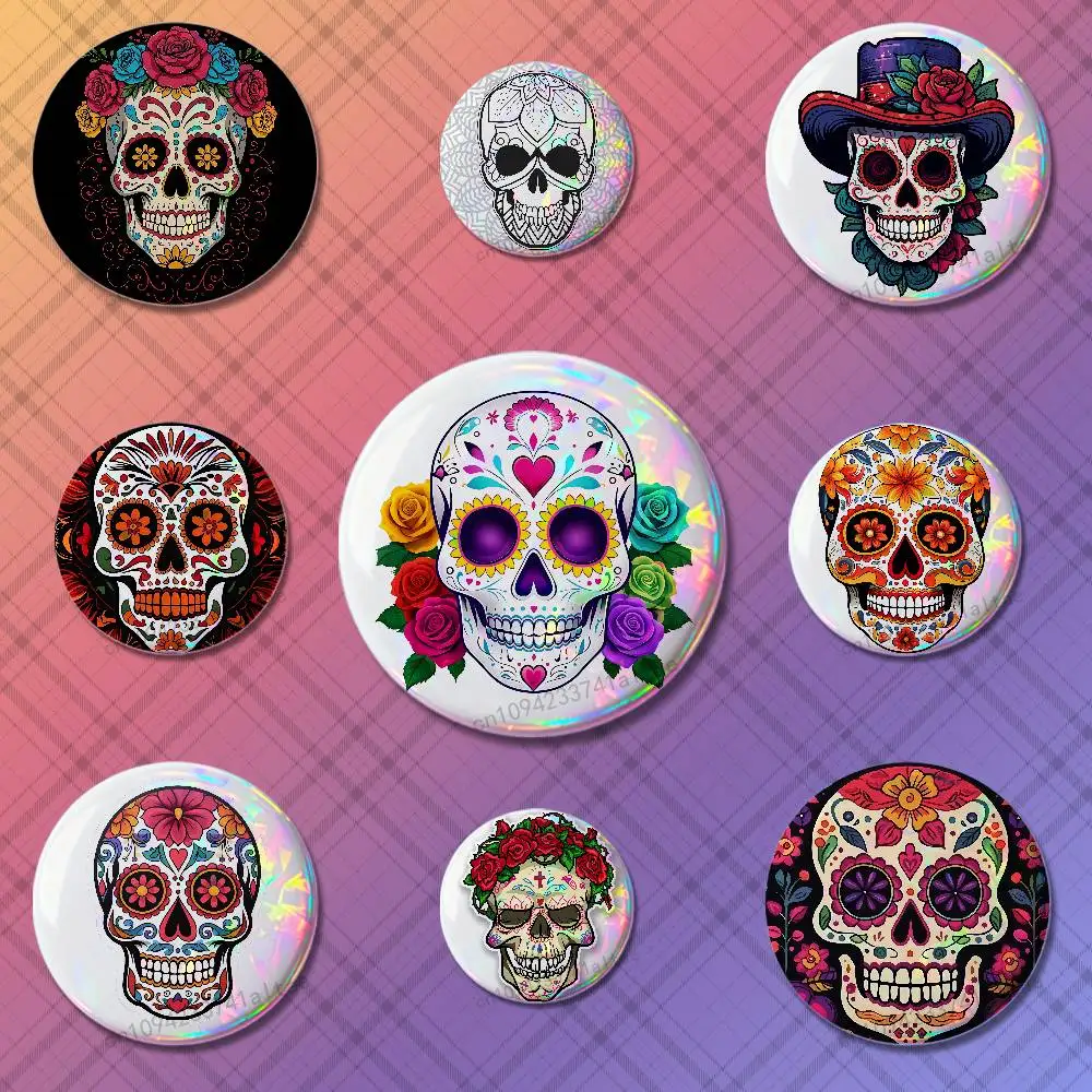 

Day of the Dead Sugar Skulls Badges 25mm 32mm 44mm 58mm 75mm Cartoon Brooch Pins Backpack Hat Accessories Lover Gifts