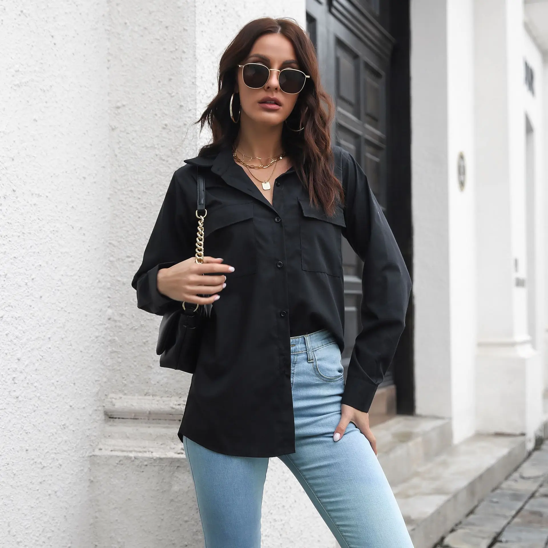 

KIDCRKJ Women's Spring Blouse Turn-Down Collar Pockets Single Breasted Loose-Fit Female's Shirt Minimalist Shirt For Lady